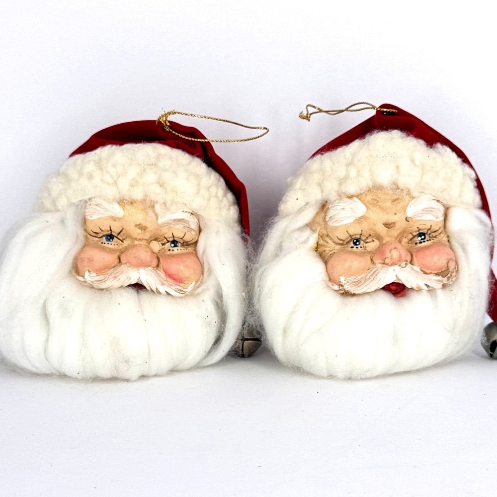 Vintage Santa Head Ornaments Set of 2 Red Velvet Hats Long Beards Jingle Bells‎